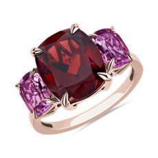 3-Stone Elongated Cushion Cut Garnet and Purple Rhodolite Ring